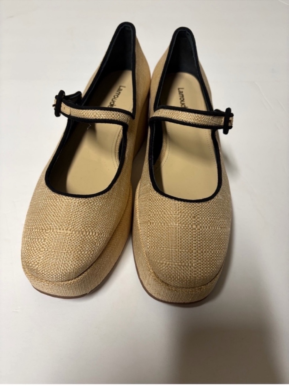 Larroude Blair Flatform Mary Jane Shoe in a beige raffia